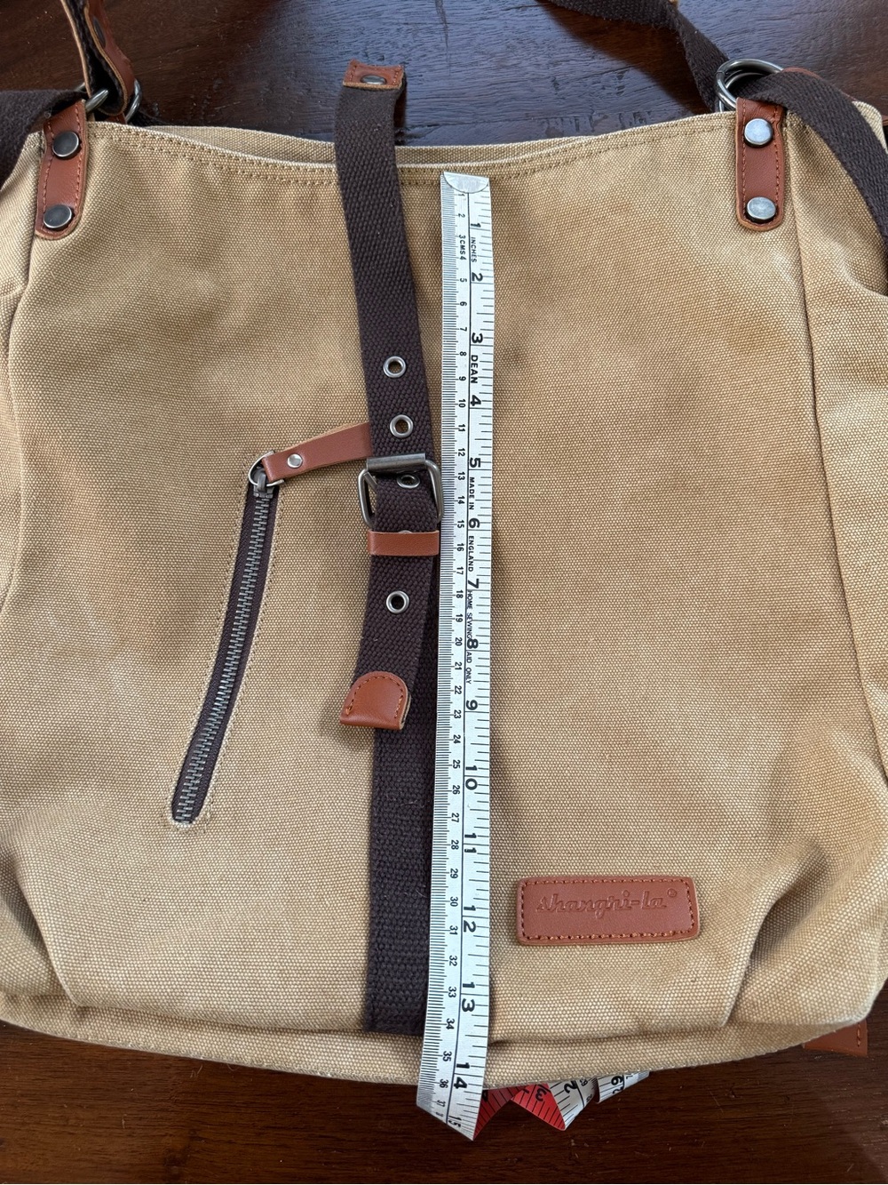 Canvas Tote Shoulder Bag in Tan with Brown Trim - Picture 5 of 8